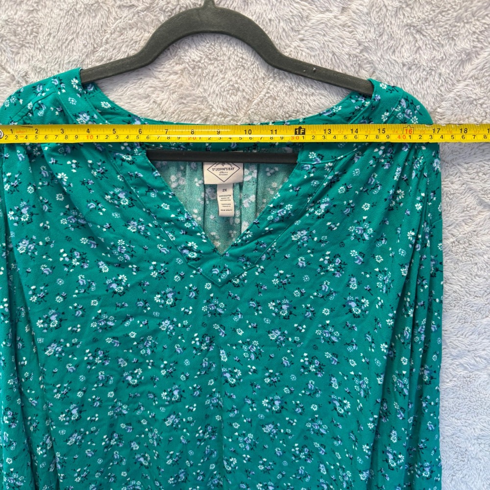 Green Ditsy Floral Long Sleeve Blouse Cottagecore Boho Spring Fall Plus Size 2X - Picture 4 of 7